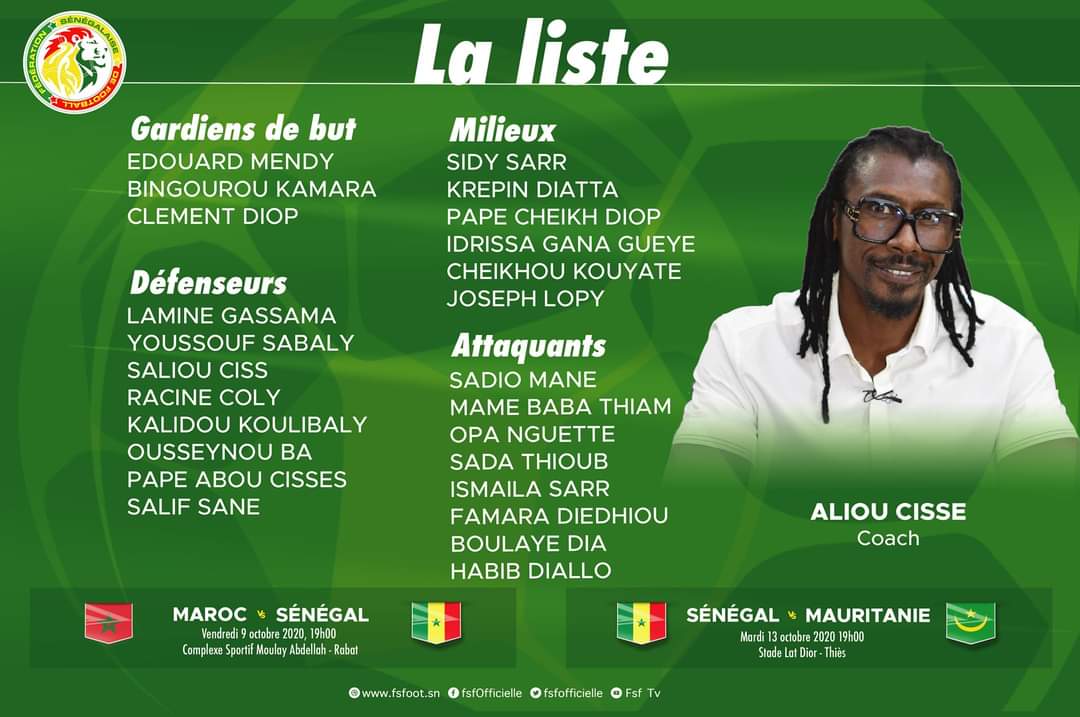 Match amical Maroc – Sénégal : La liste d’Aliou Cissé