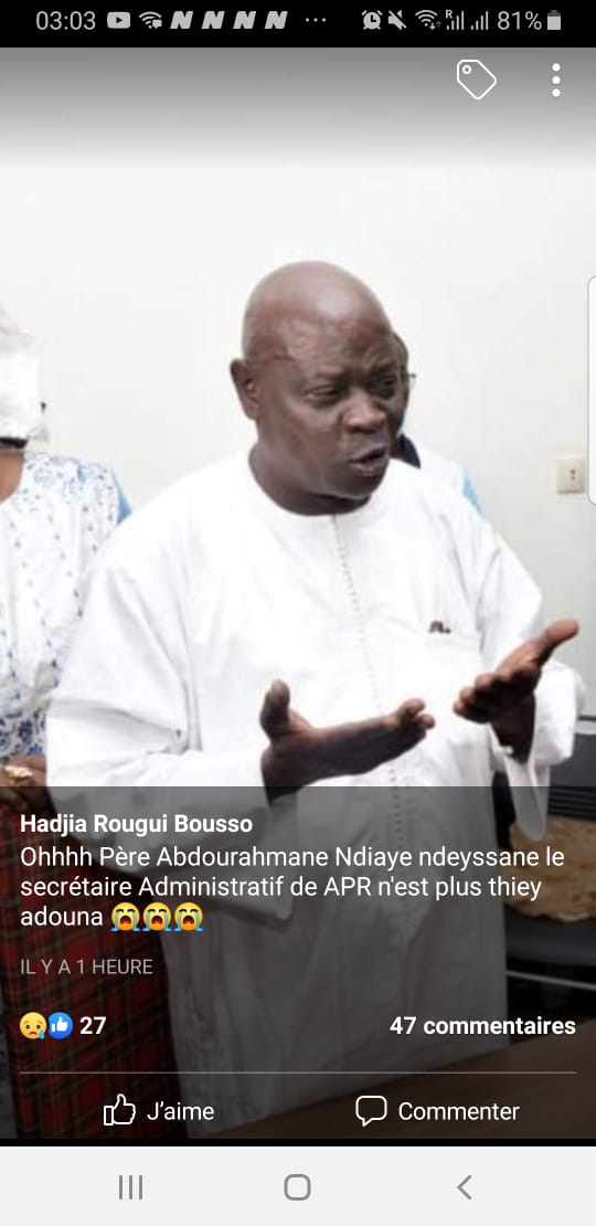 Nécrologie : Décès d’Abdourahmane Ndiaye, secrétaire administratif de l’Apr