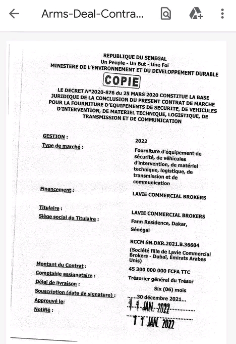 Contrat de fourniture d’armements entre le ministère de l’Environnement et la société Lavie commercial brokers (Documents)